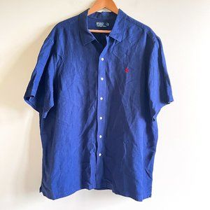 POLO RALPH LAUREN BLUE LINEN SHORT SLEEVE BUTTON DOWN MENS‎ SIZE XXL 2XL TOP